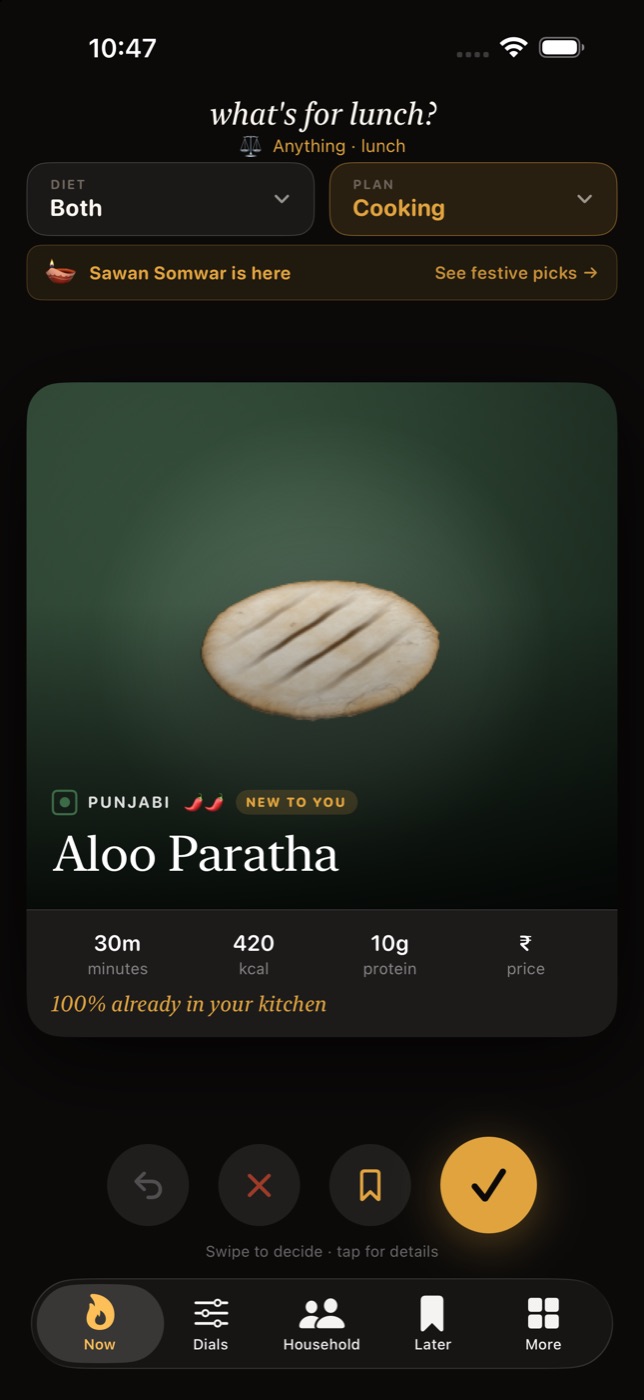 Khao's main screen — one dish card at a time, swipe to move on