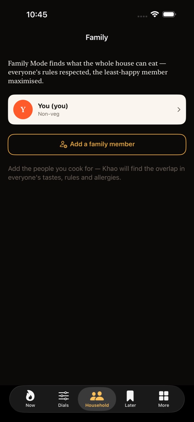 Khao's household screen — everyone's dietary rules held at once
