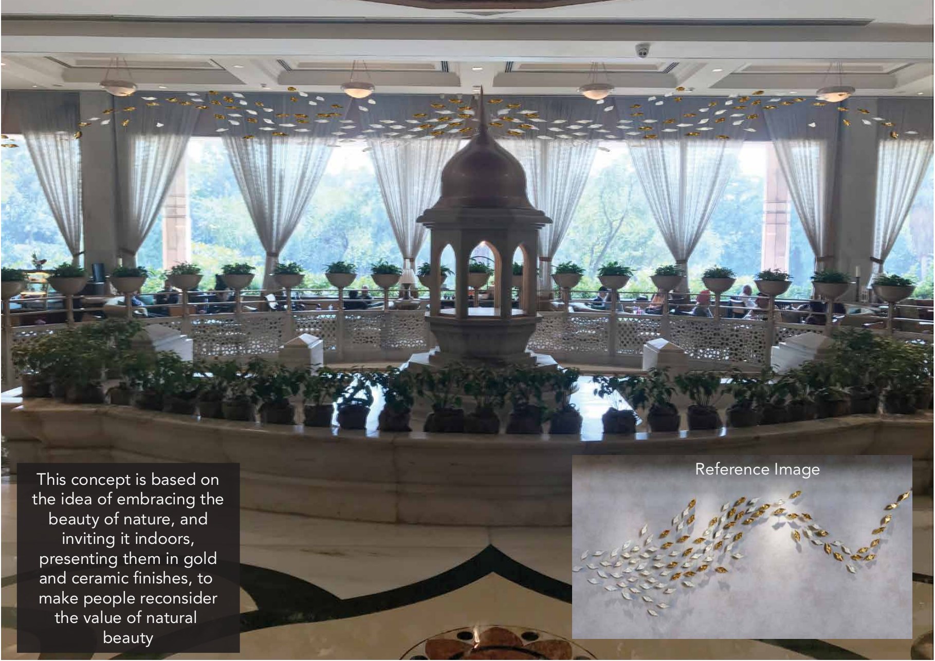 Concept II — gold-and-ceramic flock, nature brought indoors