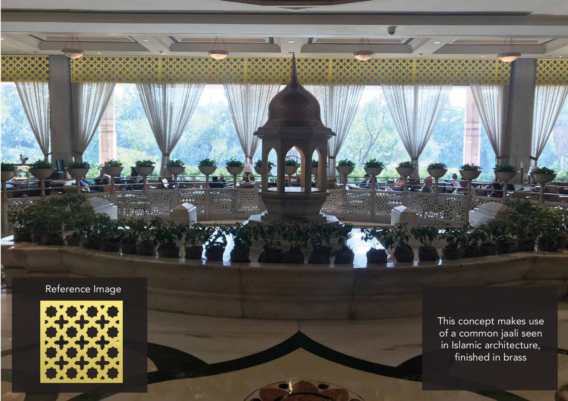 Concept III — brass jaali window band, Islamic lattice