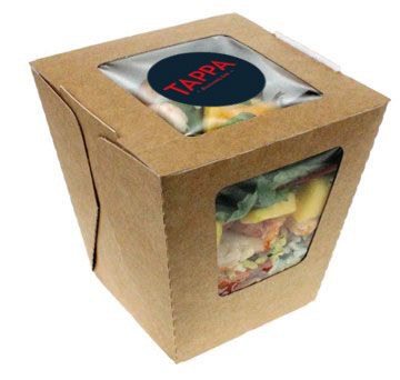 The Tappa salad box — kraft with a window and the navy seal