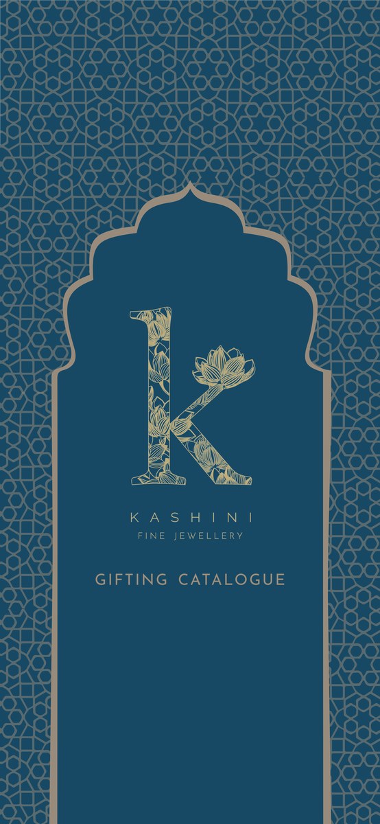 The Kashini gifting catalogue cover — arch and jali in navy and gold