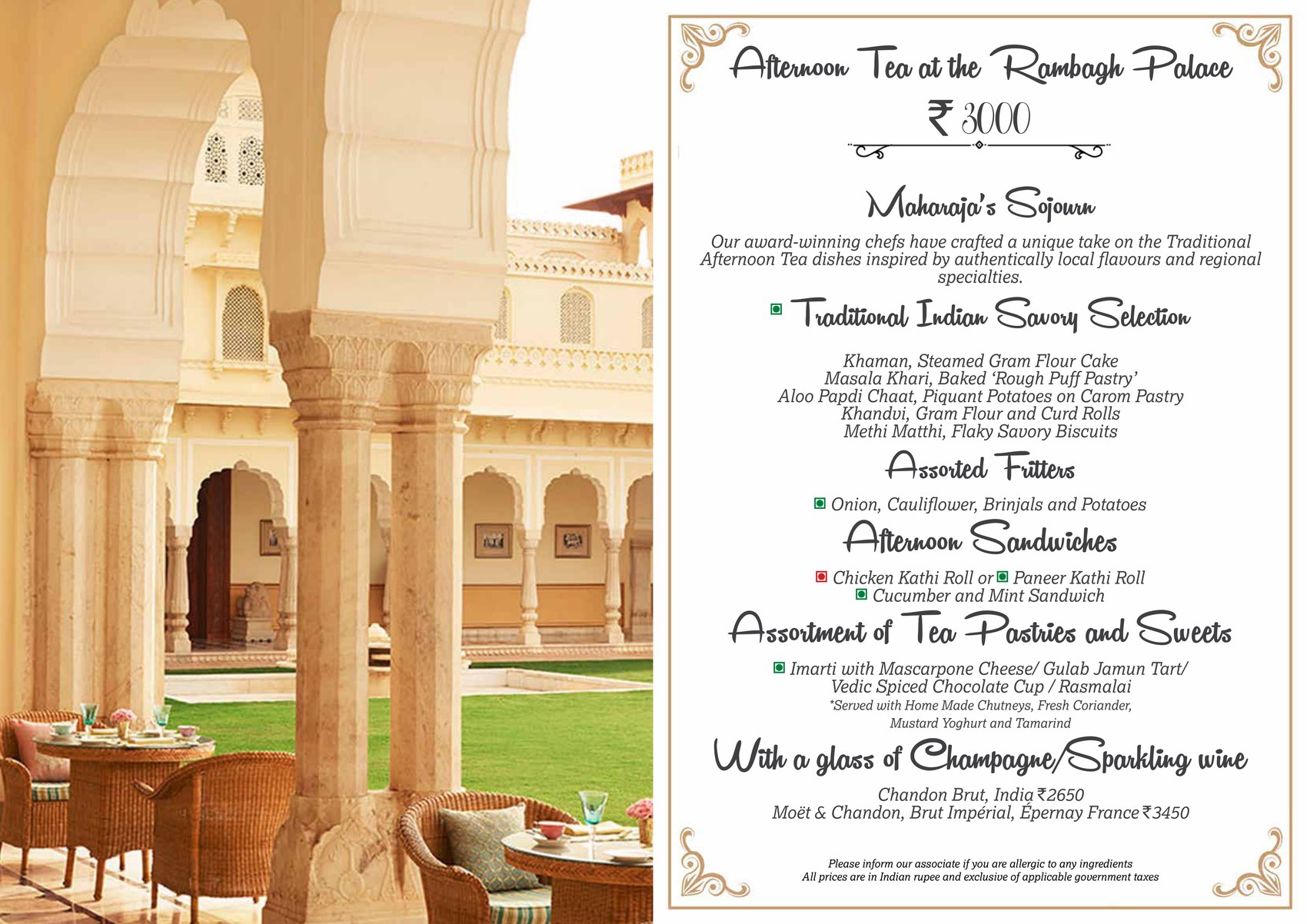 The Maharaja's Sojourn Indian tea menu spread