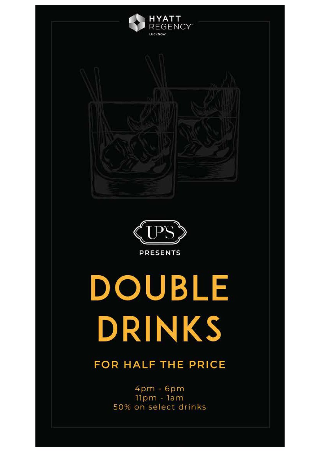 'Double Drinks' — a black-and-gold bar promo for UPS
