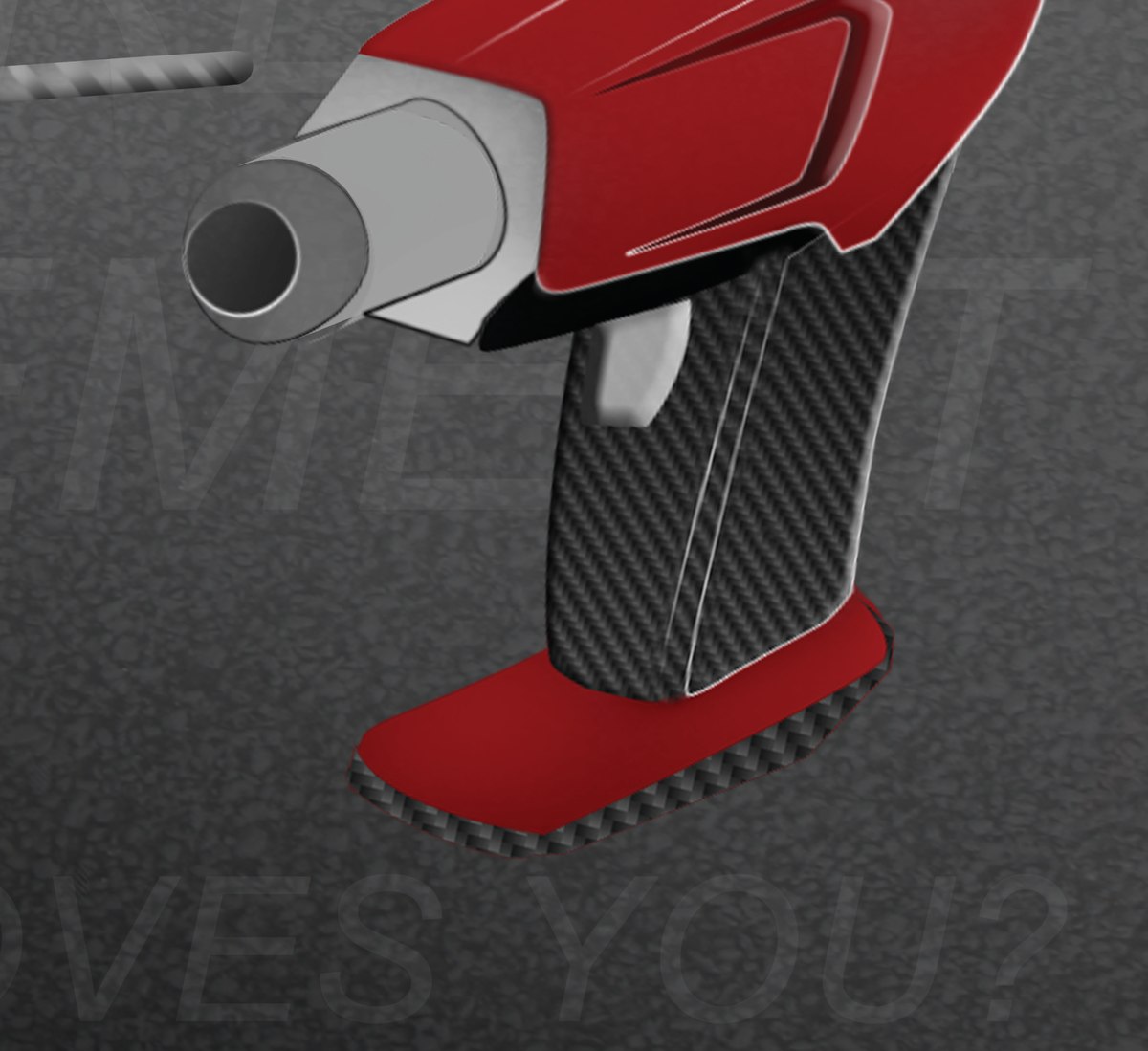 Detail — the carbon-weave grip under red bodywork