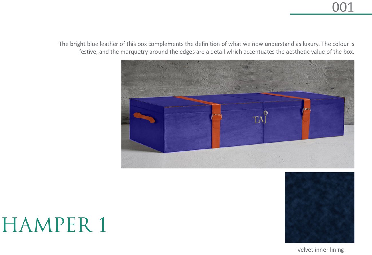 A cobalt-leather Taj hamper box