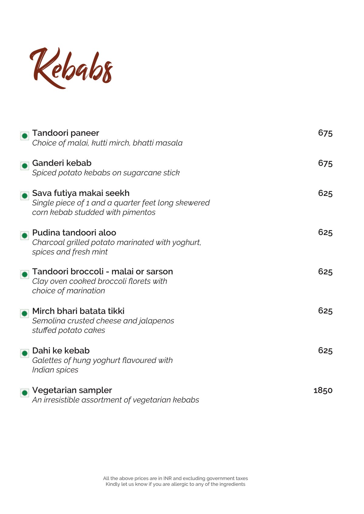 The Kebabs menu page