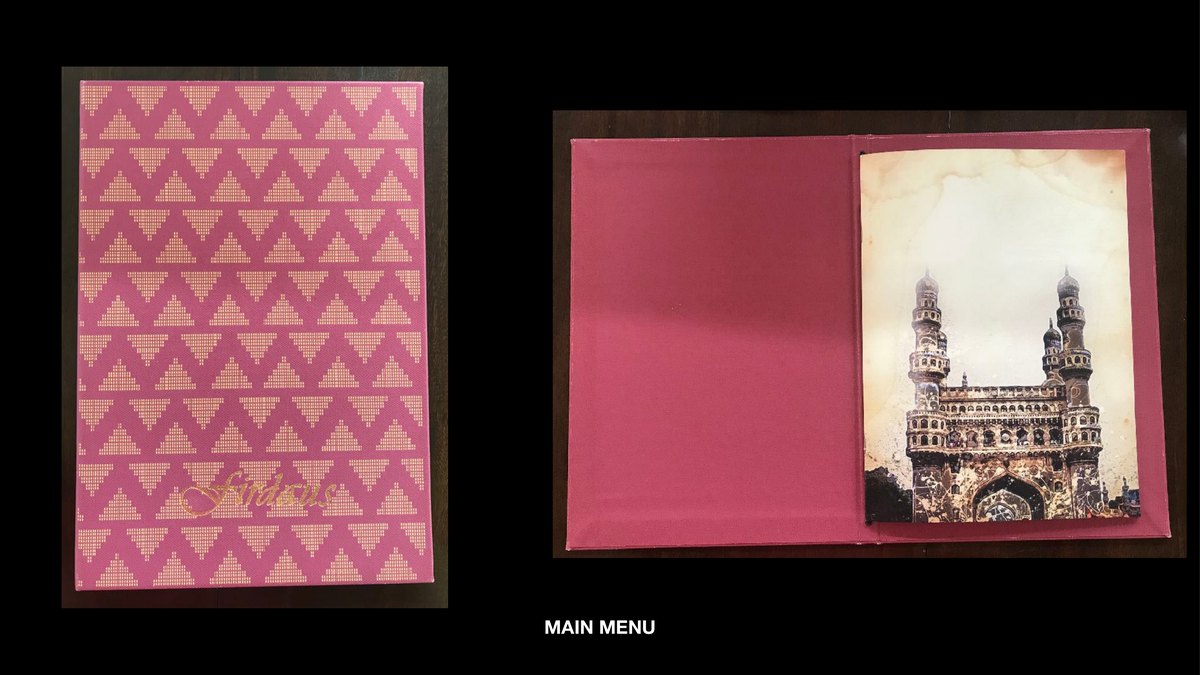 The main menu, bound in pink jali