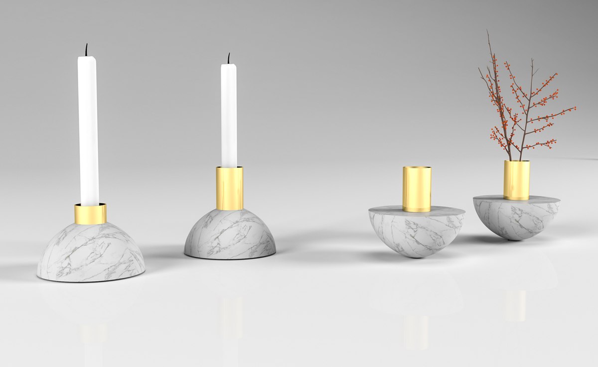 Concrete-and-brass candle holders