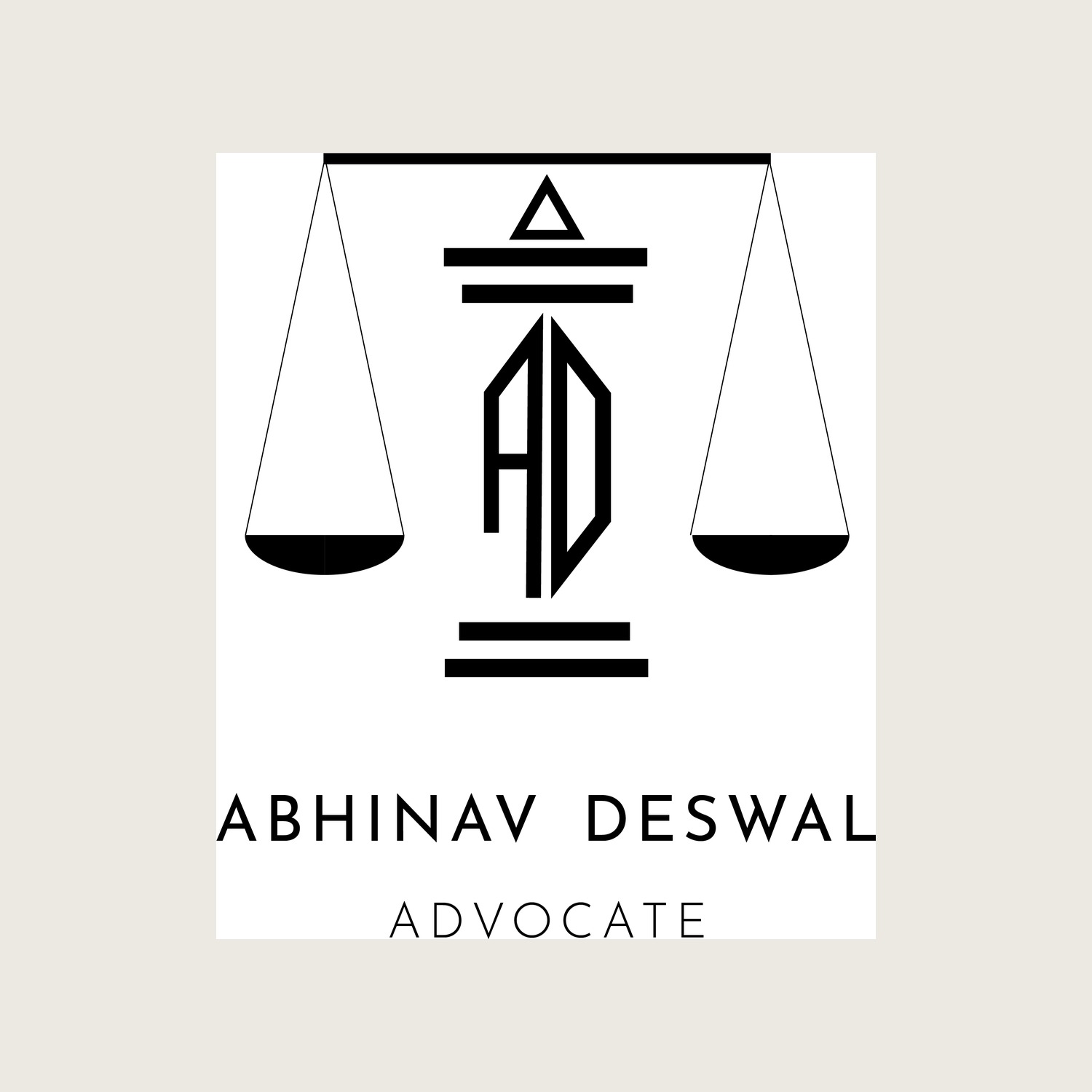 The Abhinav Deswal advocate mark — scales of justice with an A·D monogram beam