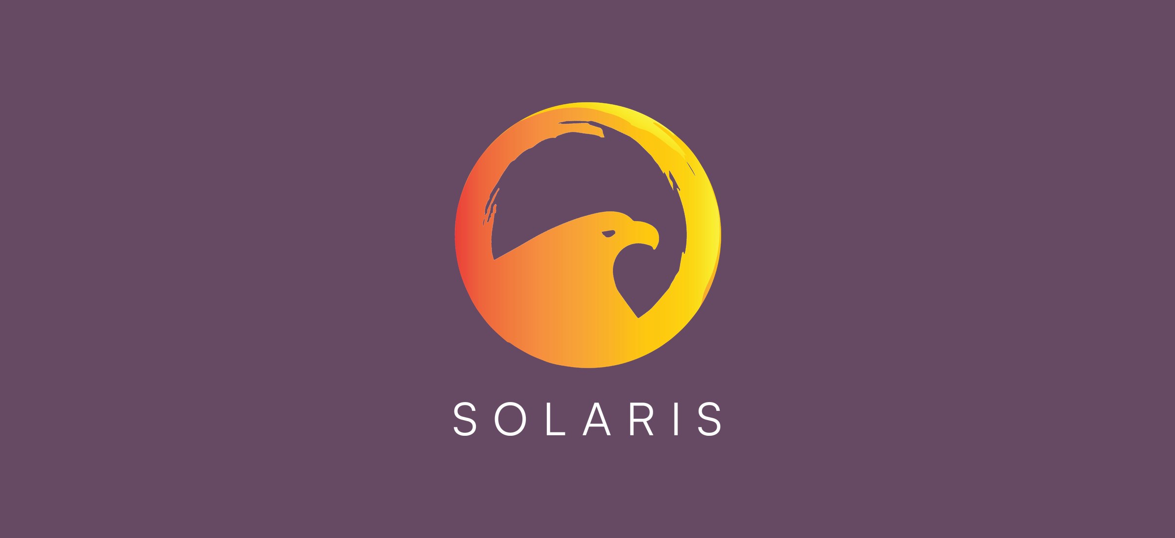The Solaris lockup reversed out of plum — the sun-ring eagle over a white SOLARIS wordmark