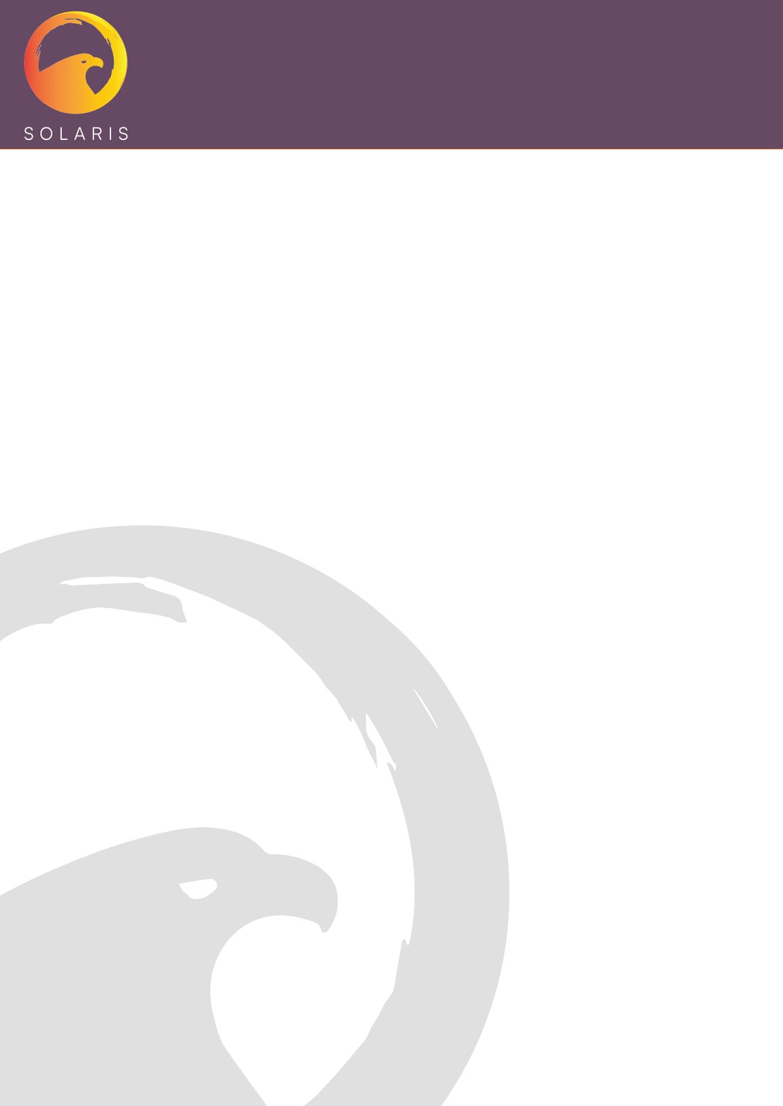The Solaris letterhead — a plum header band with the mark, and the tonal eagle rising from the lower corner of the sheet